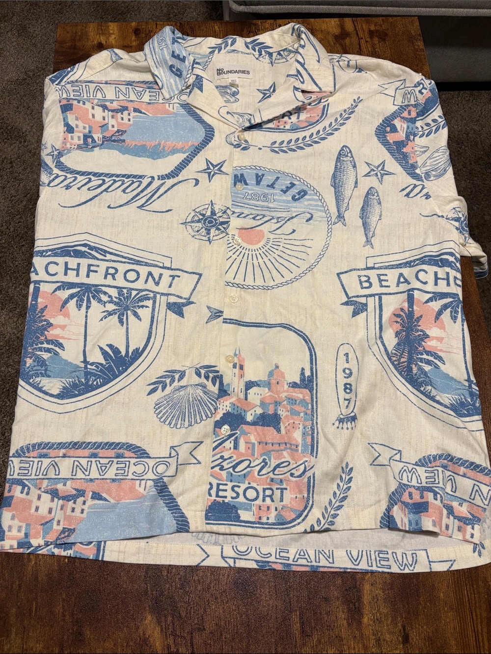 No Boundaries Men's beachfront graphic linen/rayon short sleeve resort, shirt.